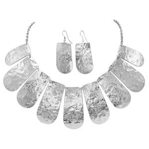 Large Hammered Flair Tribal Silver Statement Necklace & Earrings Set